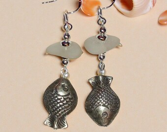 Genuine White Sea Glass, Pewter Cod Fish Charms, .925 Sterling Silver Dangle/Drop Earrings
