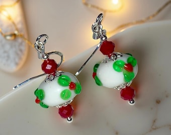 White with Green Holly Lampwork Glass Christmas Minimalist Earrings: .925 Sterling Silver Ear Wires