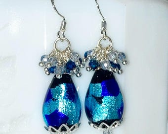 Black with Blue Foil Lampwork Glass Cluster Earrings: .925 Sterling Silver