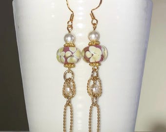 Pink Lampwork Glass Earrings: Gold Vintage Pearl Dangle Drop
