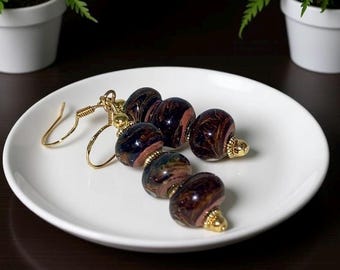 Autumn Borosilicate Glass Stacked Earrings, OOAK, Dangle / Drop, .925 14k Gold
