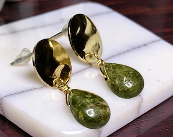 Natural Green Imperial Opal Gemstone Earrings: Textured Gold Artisan Dangle Earrings