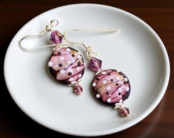 Purple Polka Dot Lampwork Earrings: Sterling Silver Dangle Drop