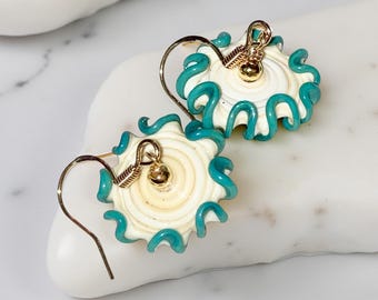 Handblown Lampwork Glass Drop Earrings: Teal Blue Ruffled Edge, .925 Gold