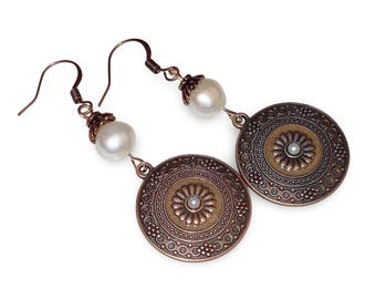 White Button Pearl, Bronze Disc, Boho, Dangle/Drop, Statement Earrings