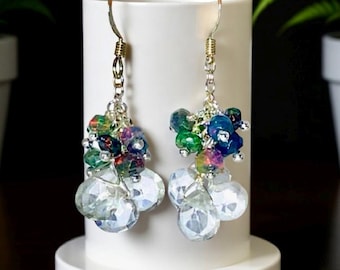 Crystal Quartz and Black Opal Cluster Earrings: Sterling Silver Dangle Drop, OOAK