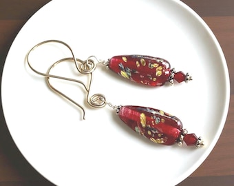 Vintage Millefiori Teardrop Earrings: Red Tombo Glass, .925 Gold