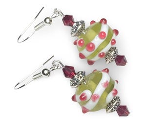 Peridot Green/ Pink Dotted Lampwork Glass: .925 Sterling Silver Ear Wires