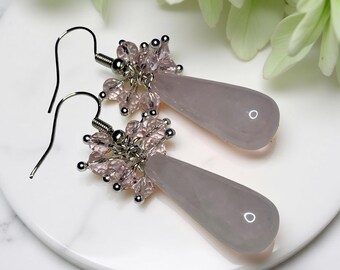 Rose Quartz Gemstone / Crystal Cluster Earrings: .925 Sterling Silver Artisan Earrings