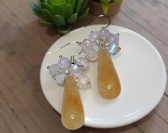Yellow Jade/Moonstone Cluster Earrings: .925 Sterling Silver