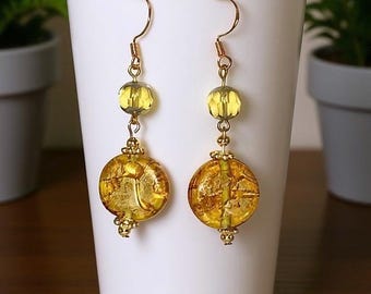 Gold Foil Lampwork Glass Earrings: Crystal Drop Artisan Jewelry