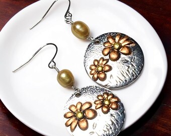 Daisy Silver Charm - Yellow Fresh Water Pearl Spring Earrings: .925 Sterling Silver
