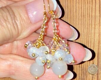 Pink Aventurine Moonstone Dangle Earrings, 14k Gold, OOAK