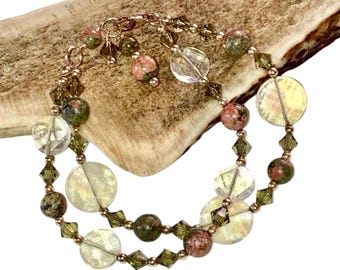Yellow Citrine, Unikite,  Double Strand Beaded Toggle Bracelet