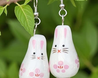 Ceramic Bunny Rabbit Dangle Earrings: Sterling Silver Wires