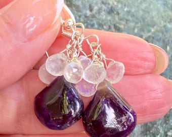 Amethyst Moonstone Dangle Earrings: .925 Sterling Silver, Purple Gemstone