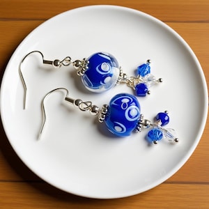 Cobalt Blue Lampwork Glass Earrings: .925 Silver Dangle Artisan Jewelry