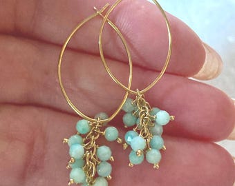 Amazonite Cluster Gold Hoop Earrings, October Birthstone