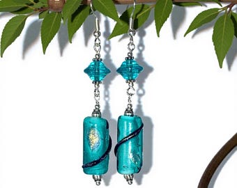 Teal Lampwork Glass Earrings: Silver Foil, .925 Sterling Silver, Artisan Handblown