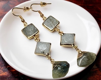 Natural Labradorite Gemstone  Shield Earrings: .925 14k, Gold