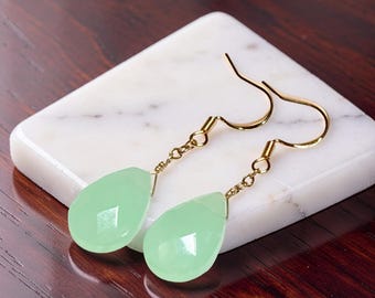 Natural Green Chalcedony Briolette  Teardrop Artisan Earrings : .925 gold Wires