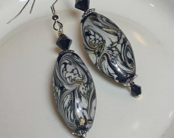 Black and White Swirl Lampwork Glass Earrings: .925 Sterling Silver Ear Wires