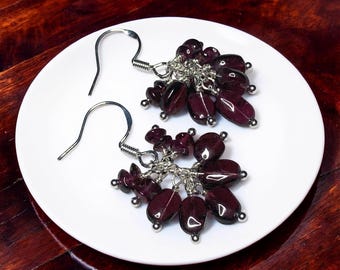 Red Garnet Cluster Earrings: .925 Sterling Silver Artisan Jewelry