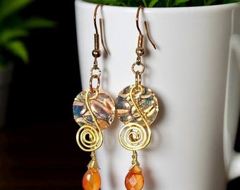 Orange Carnelian Gemstone Dangle Earrings: .925 Gold Boho Jewelry