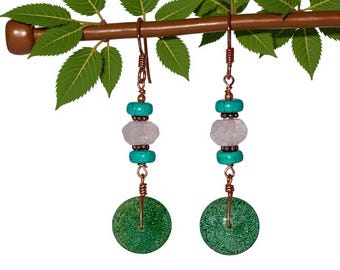 Aventurine Turquoise Rose Quartz Copper Dangle Earrings, Boho Style