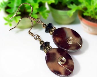 Tortoise Shell Mother of Pearl Crystal Earrings: .925 Gold