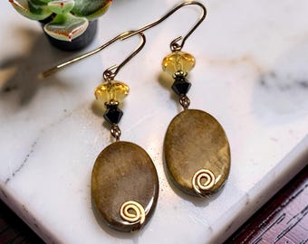 Natural Tigers Eye with Crystal Earrings: .925 Gold Earrings