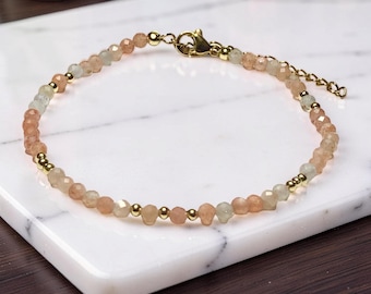 Peach Sunstone Gemstone Beaded Adjustable Gold Bracelet