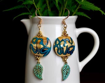 Lampwork Glass Dangle Earrings: Beige Turquoise Foil, .925 Gold, Boho Tribal
