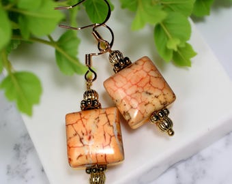 Orange Imperial Jasper Stone Drop Earrings: .925 14k Gold  Ear Wires