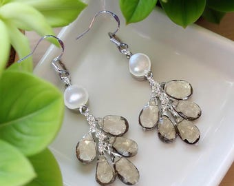 Smokey Quartz Briolet and Pearl Cluster Earrings: .925 Sterling Silver  Wires