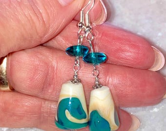 Turquoise Peacock Swirl Lampwork Earrings: Sterling Silver Dangle, Handmade