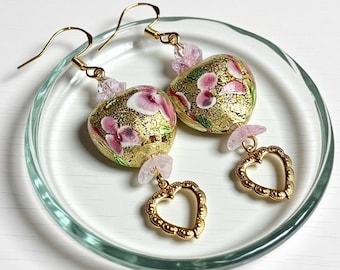 Venetian Gold Foil Heart Earrings: Pink Flowers, .925 Gold Dangle Charms