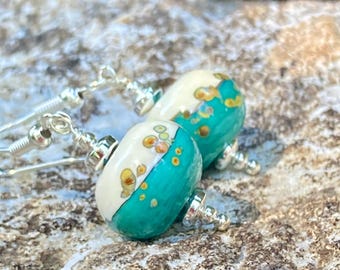 Handblown Lampwork Glass Earrings: Sterling Silver Dangle, Two-Tone Artisan Jewelry