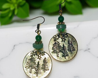 Fir Tree Woodland Starry Sky Brass Circle, Aventurine, Jade Earrings: 14k GP Ear Wires, Artisan Earrings, Rustic Earrings, Boho