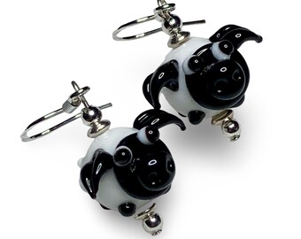 Black and White Sheep/ Lamb Lampwork Glass Earrings: .925 Sterling Silver Ear Wires