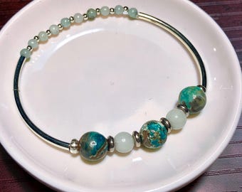 Natural Blue / Green Chrysocolla and Chalcedony Stretch Bracelet: Adjustable .925 Sterling Silver