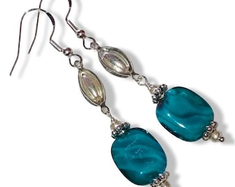 Blue Marbled Lampwork Glass, Charm: .925 Sterling Silver Ear Wires Dangle/Drop Earrings