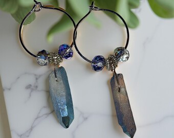 Blue Quartz Hoop Earrings / Blue Aura Crystal Earrings:  Stainless Steel, Boho, Minimalist, Iridescent, Grunge Jewelry
