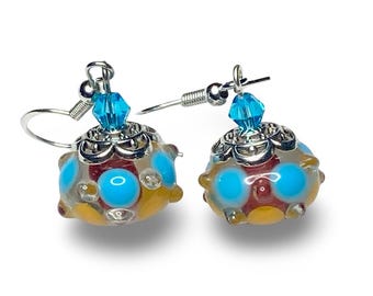 Yellow/Turquoise Dotted Lampwork Glass: .925 Sterling Silver Ear Wires