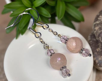 Pink Aventurine - Moonstone Dangle Earrings, .925 Sterling Silver Ear Wires