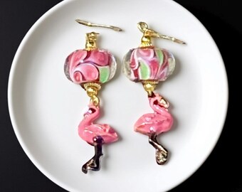 Vintage Flamingo Dangle Earrings: Lampwork Glass, Gold Plated Silver