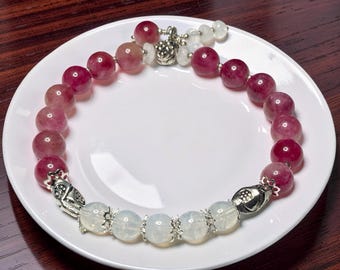 Natural Strawberry Quartz, White Opalite Gemstone Beaded Stretch Bracelet: Adjustable .925 Sterling Silver