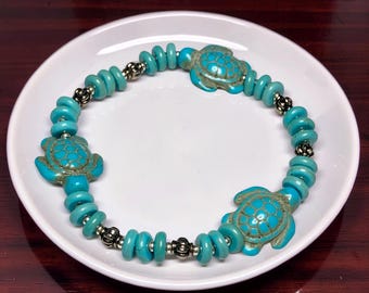 Sea Turtle Blue Turquoise, Howlite Gemstone Bali Silver Beaded Stretch Bracelet: Adjustable