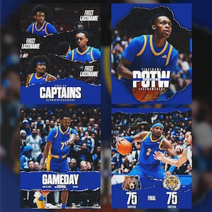 以下が含まれることがあります： 青いユニフォームを着たバスケットボール選手の4枚のコラージュ。左上の画像は、3人の選手が「2024-25 Captains」というテキストと選手の氏名を表示しています。右上の画像は、1人の選手が「POTW Player of the Week」というテキストと選手の氏名を表示しています。左下の画像は、1人の選手が「Gameday」というテキストと日付、時間、対戦相手を表示しています。右下の画像は、2人の選手が「75 Final 75」というテキストとチーム名を表示しています。