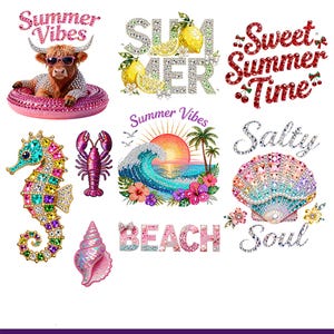 May include: A DTF gang sheet featuring summer-themed designs. Includes a cow in sunglasses, lemons, a seahorse, a lobster, a seashell, and the words "Summer Vibes," "Sweet Summer Time," "Beach," and "Salty Soul." The sheet is 23x40 inches.
